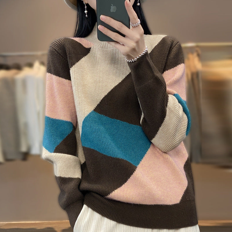 Long Sleeve Half Turtleneck Loose Diamond Color Matching Knitted Bottoming Shirt