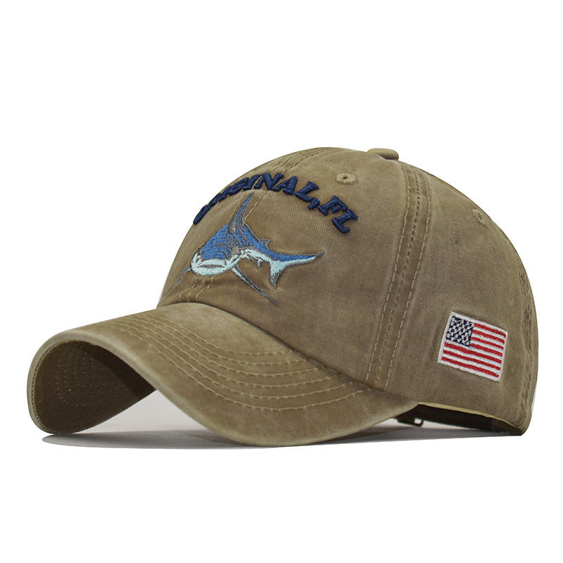 Washed embroidered shark baseball cap