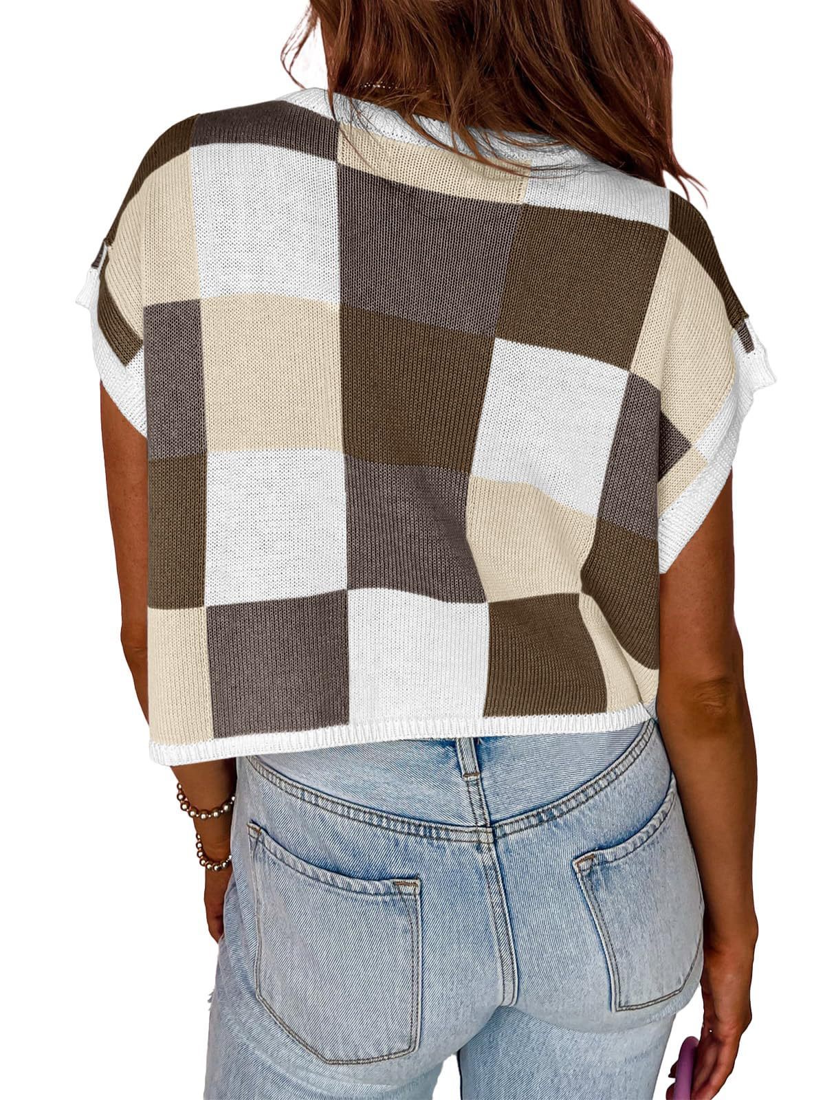 Midriff-baring Short Sleeve Color Block Round Neck Knitted Checkerboard Plaid T-shirt