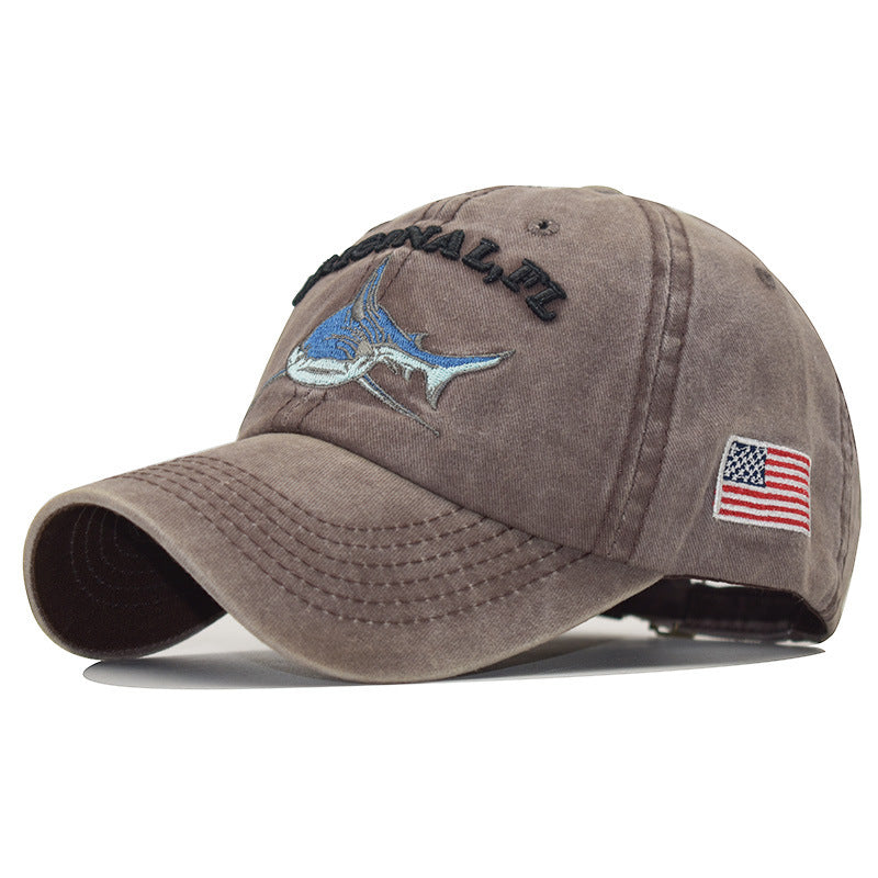 Washed embroidered shark baseball cap