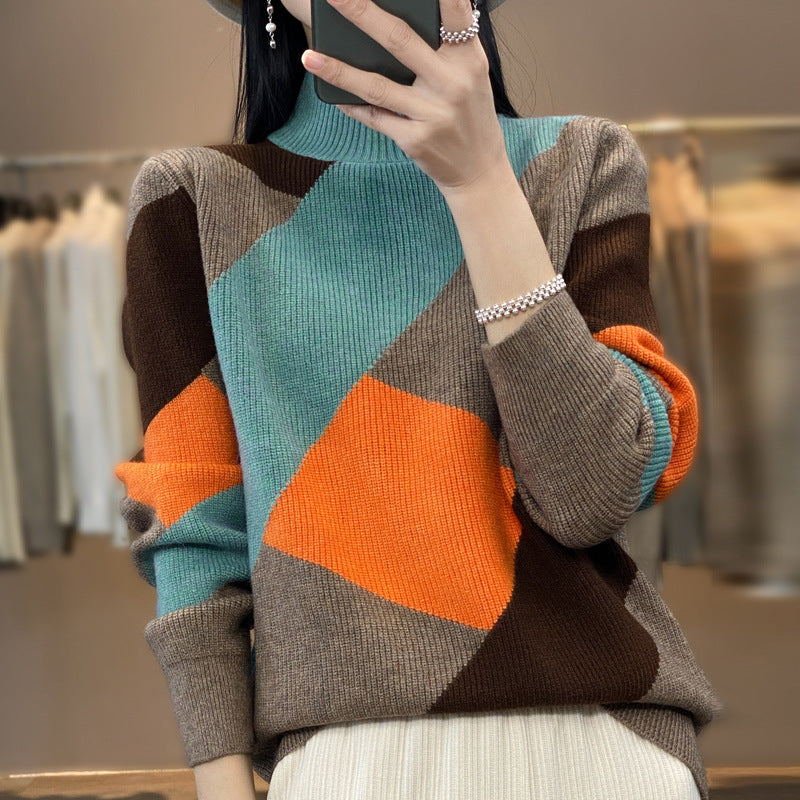 Long Sleeve Half Turtleneck Loose Diamond Color Matching Knitted Bottoming Shirt