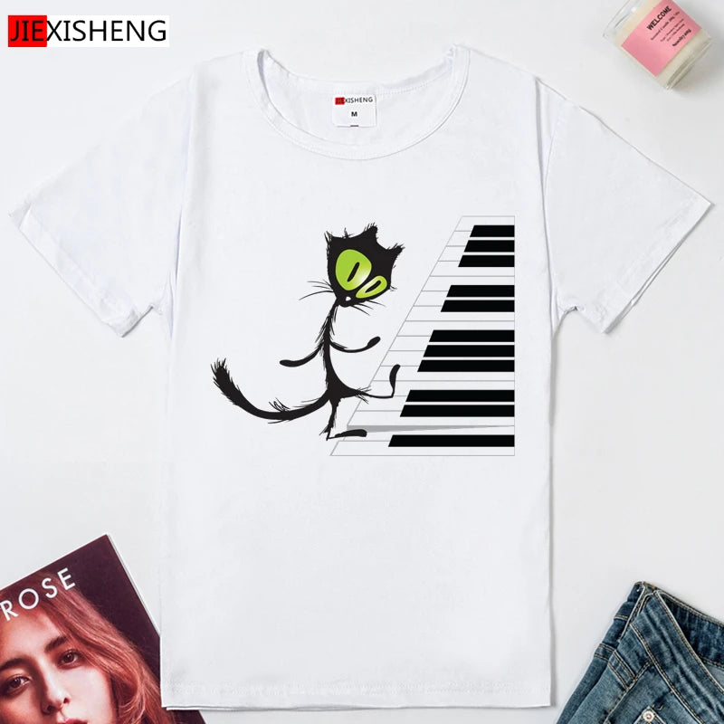 Funny Cat Playing Piano Graphic Tees for Women