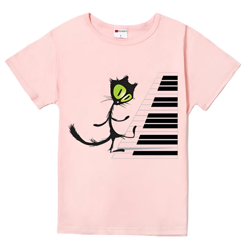 Funny Cat Playing Piano Graphic Tees for Women