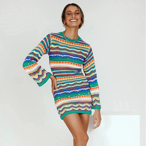 Striped Knit Crochet Sweaters Dress