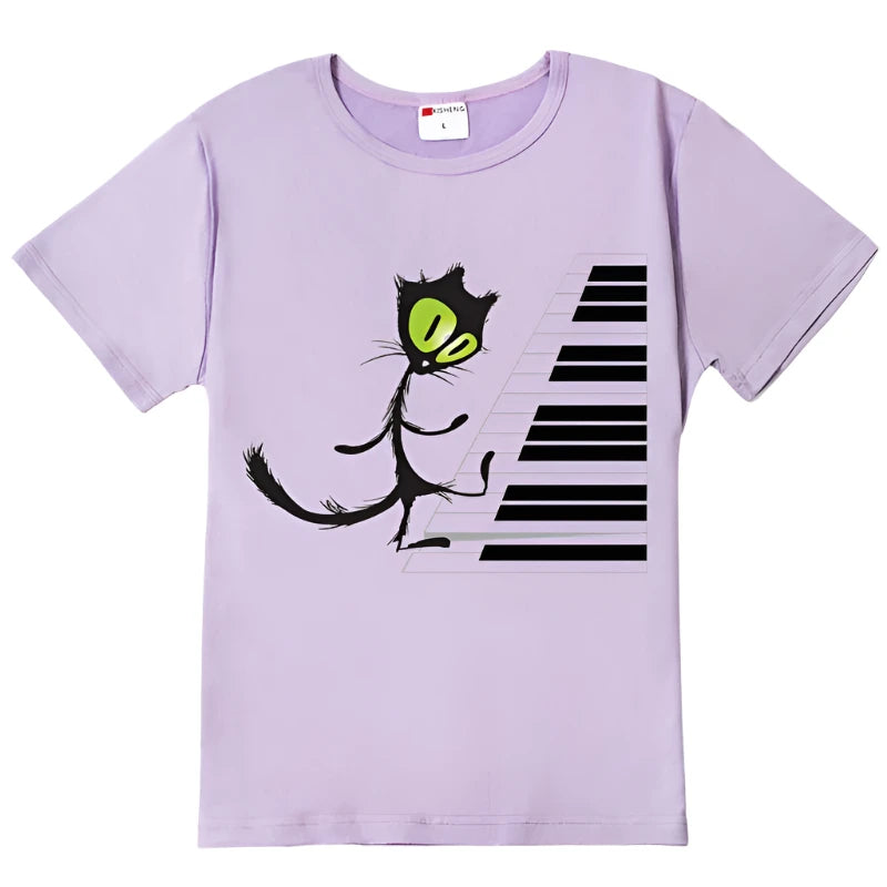 Funny Cat Playing Piano Graphic Tees for Women