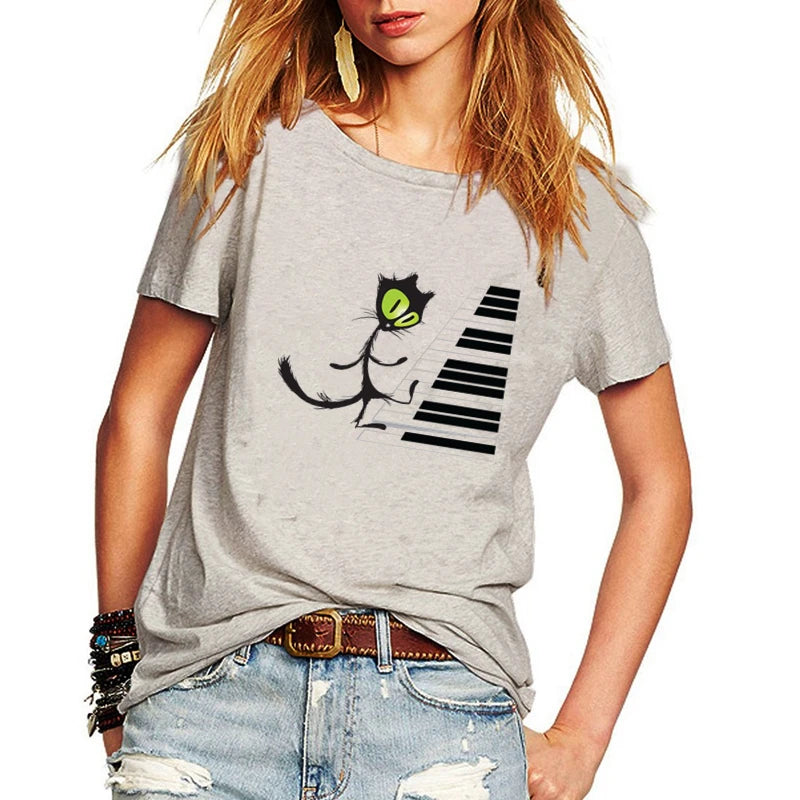 Funny Cat Playing Piano Graphic Tees for Women