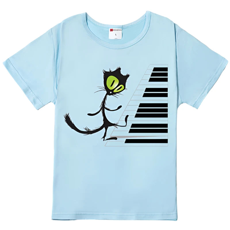 Funny Cat Playing Piano Graphic Tees for Women