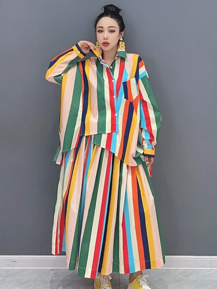 Casual Colorful Stripe Half Two Pieces Set Dress