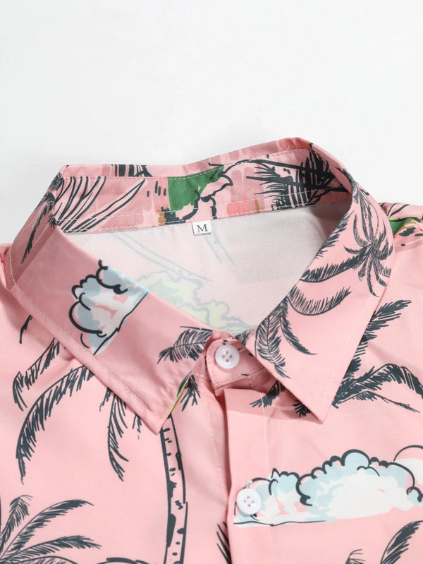 Pink Hawaiian Palm Tree Print Tropical Beach Shirt