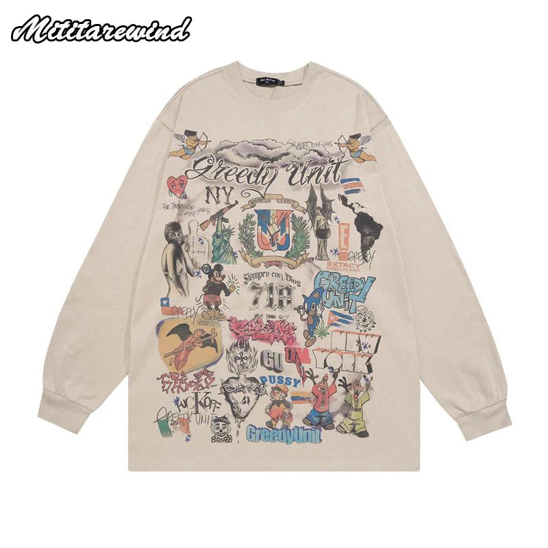 High Street Hip Hop O-Neck Graphic Print Cotton Sweaters