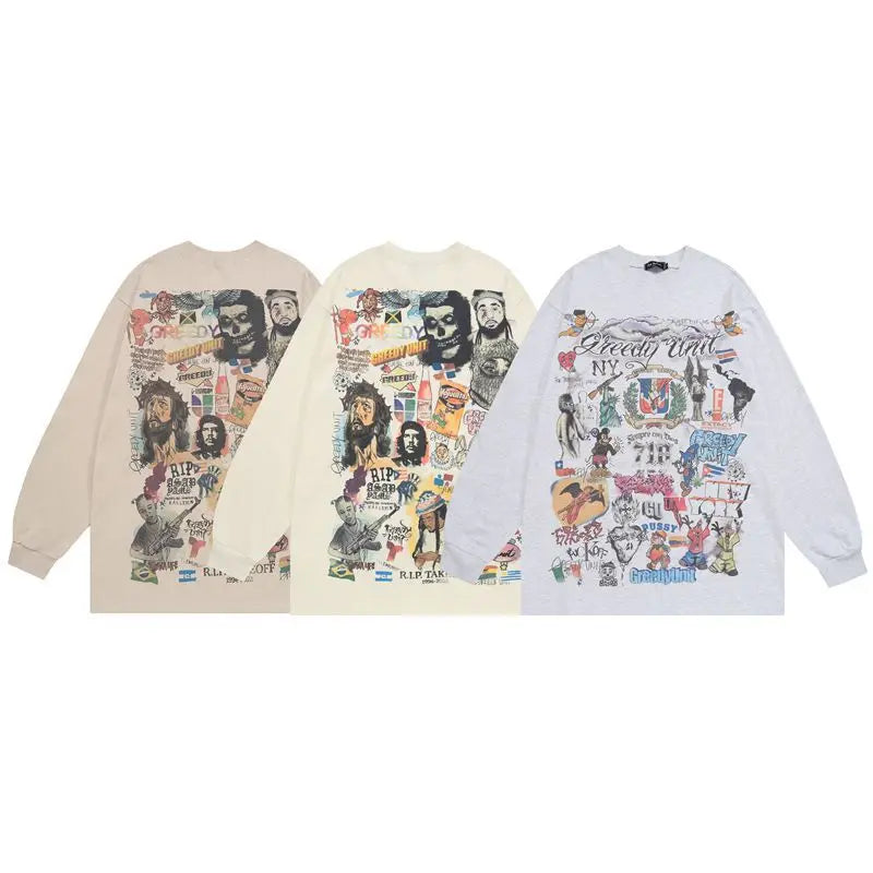 High Street Hip Hop O-Neck Graphic Print Cotton Sweaters