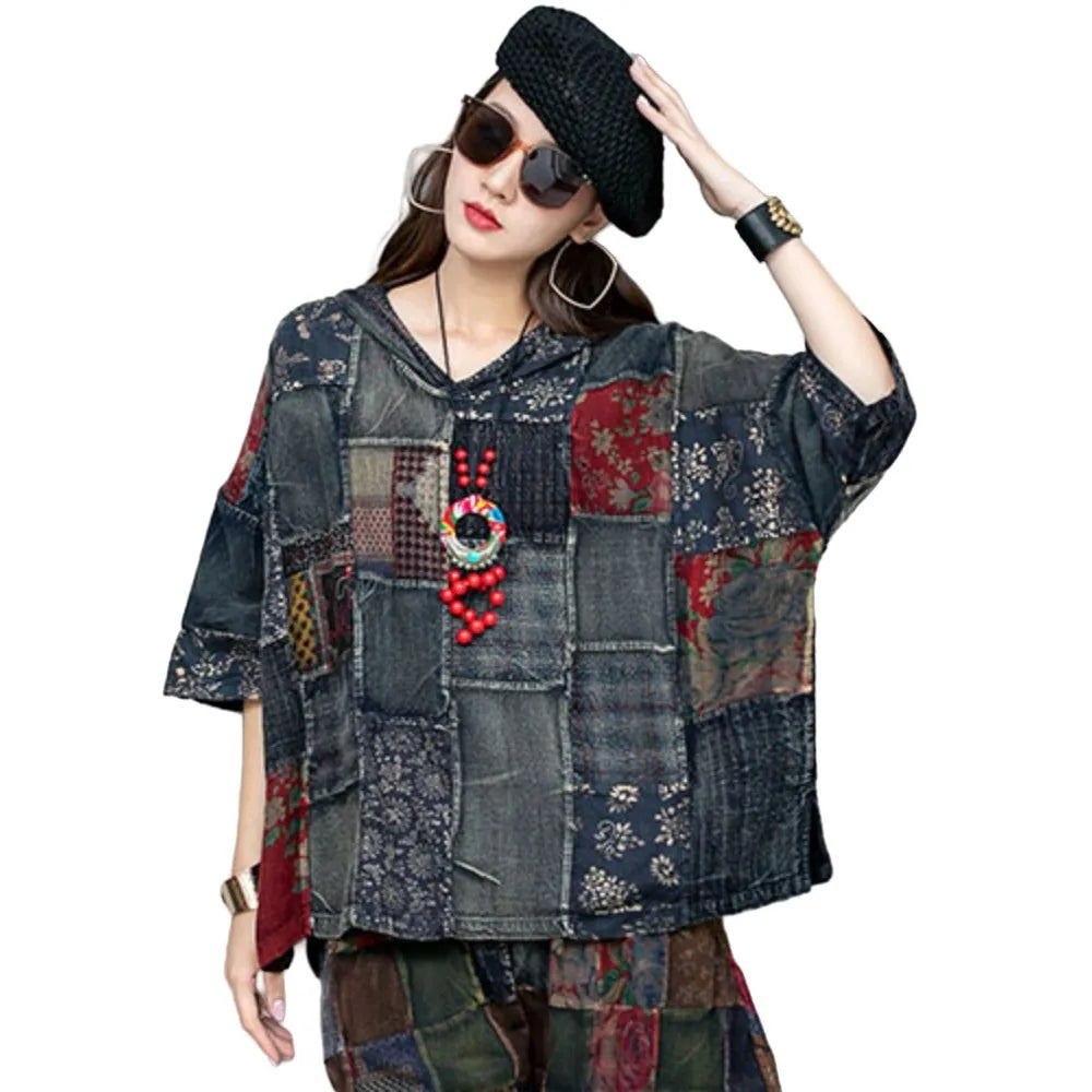 Heavy Industry Patchwork Old Fabric Hooded Stylish T-shirt