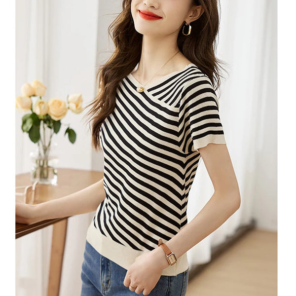 Striped Printed Knitted V-neck Casual T-shirt