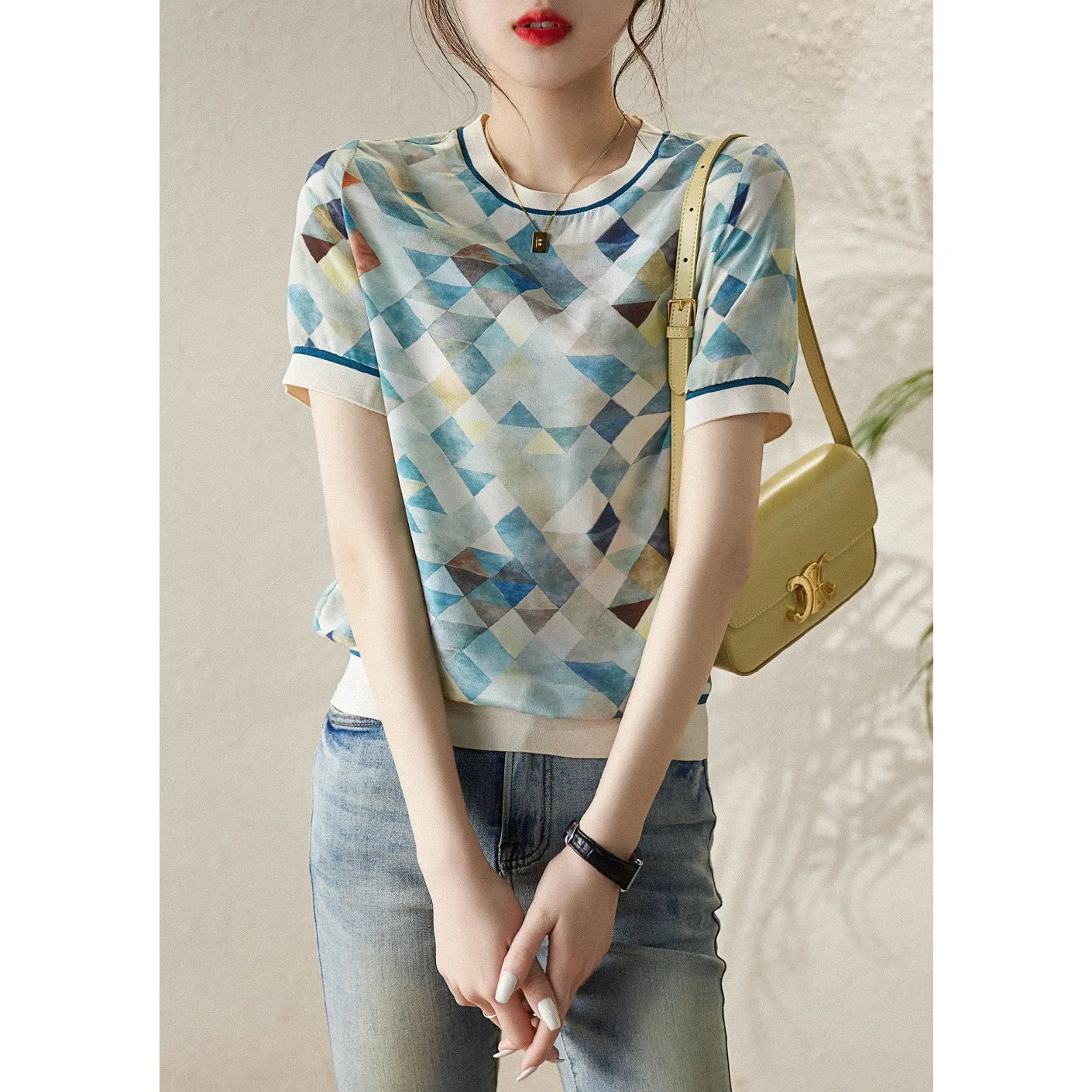 Unique Silk short-sleeved women's crewneck loose T-shirt