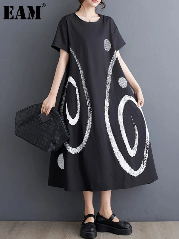 Black Print Big Size A-line Casual Dress