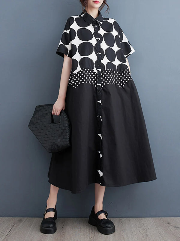 Short Sleeve Polka Dot Patchwork Vintage Shirt Dress