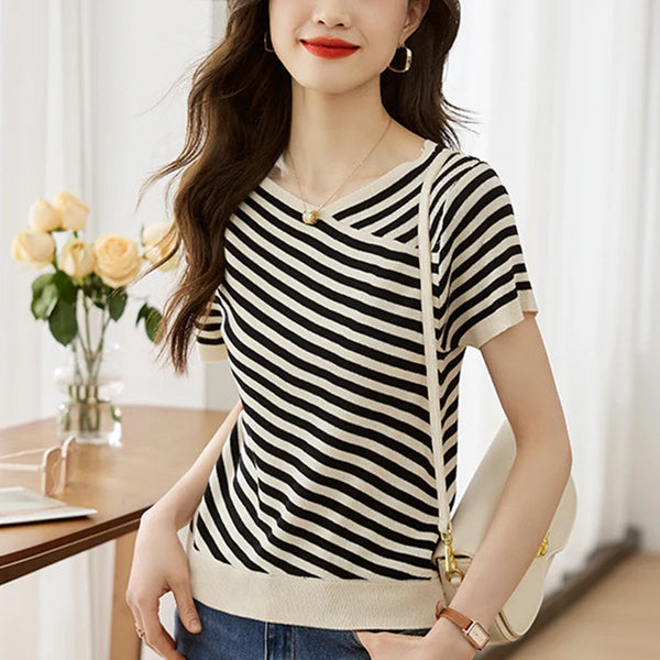 Striped Printed Knitted V-neck Casual T-shirt
