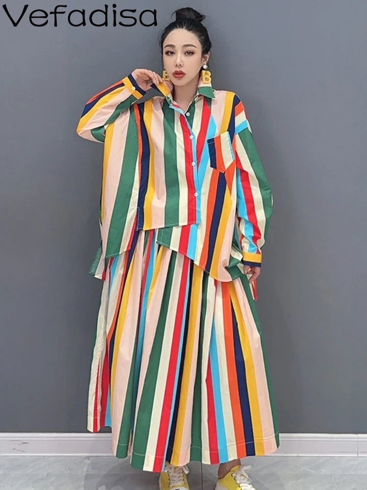 Casual Colorful Stripe Half Two Pieces Set Dress