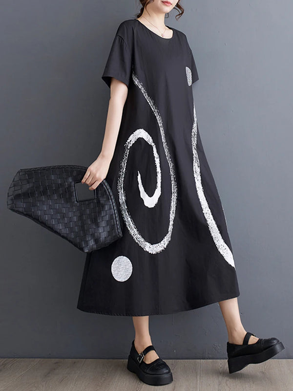 Black Print Big Size A-line Casual Dress