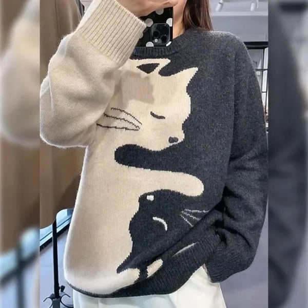 Thick Long Sleeve Printed Cat Sweater