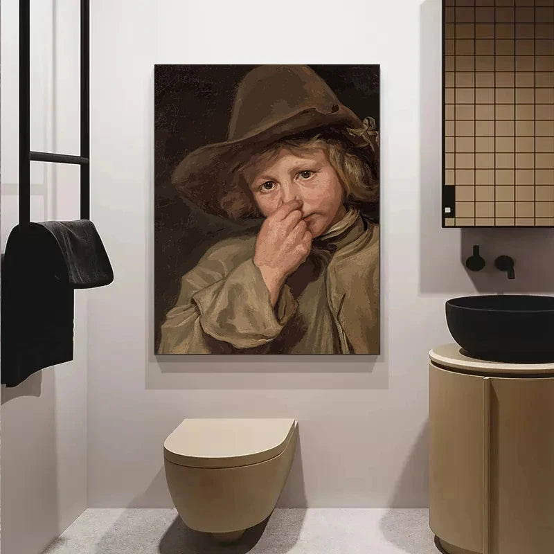 Funny Bathroom Canvas Print – Mona Lisa & Girl with a Roll