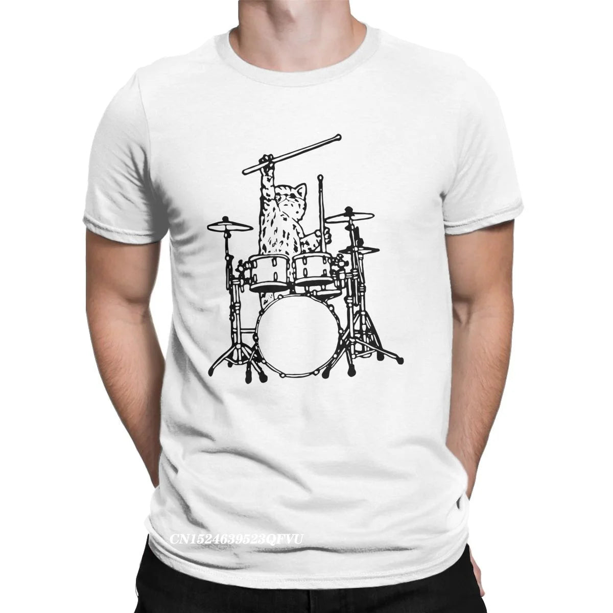 Funny Cat Playing Drums Cotton T-Shirts