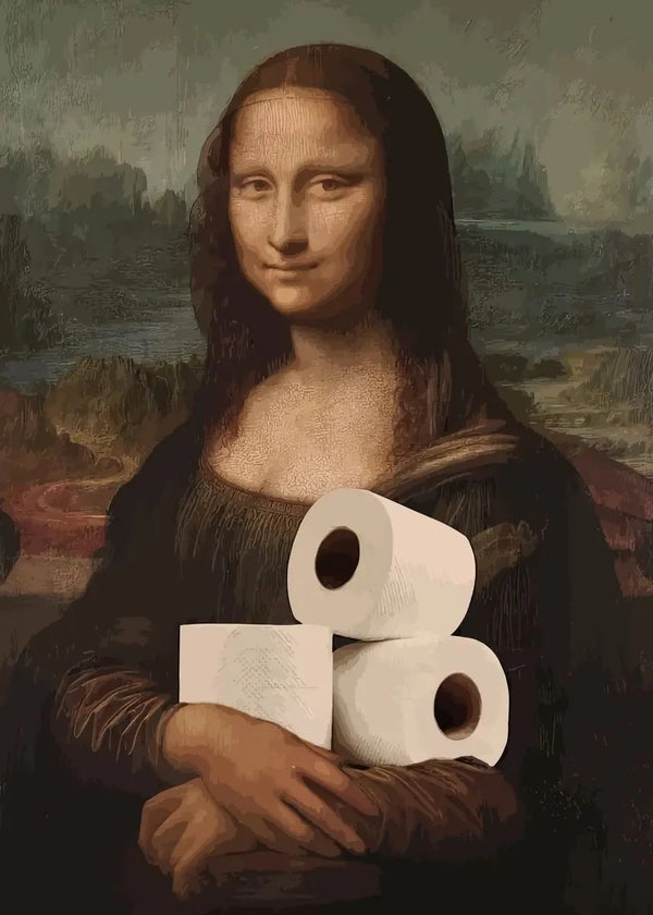 Funny Bathroom Canvas Print – Mona Lisa & Girl with a Roll