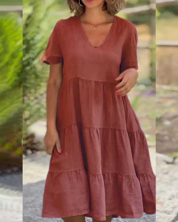 Short Sleeve Solid V-neck Large Swing Dress