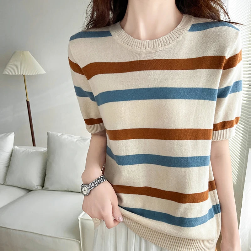 Cotton Short Sleeve Striped Knitted Loose T-shirt