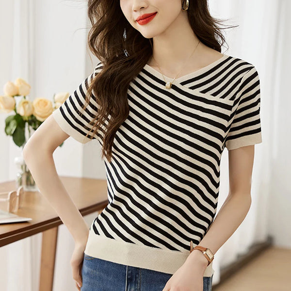 Striped Printed Knitted V-neck Casual T-shirt