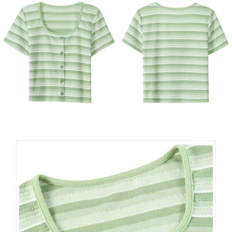 Round Neck Striped Button Short Sleeve T-shirt