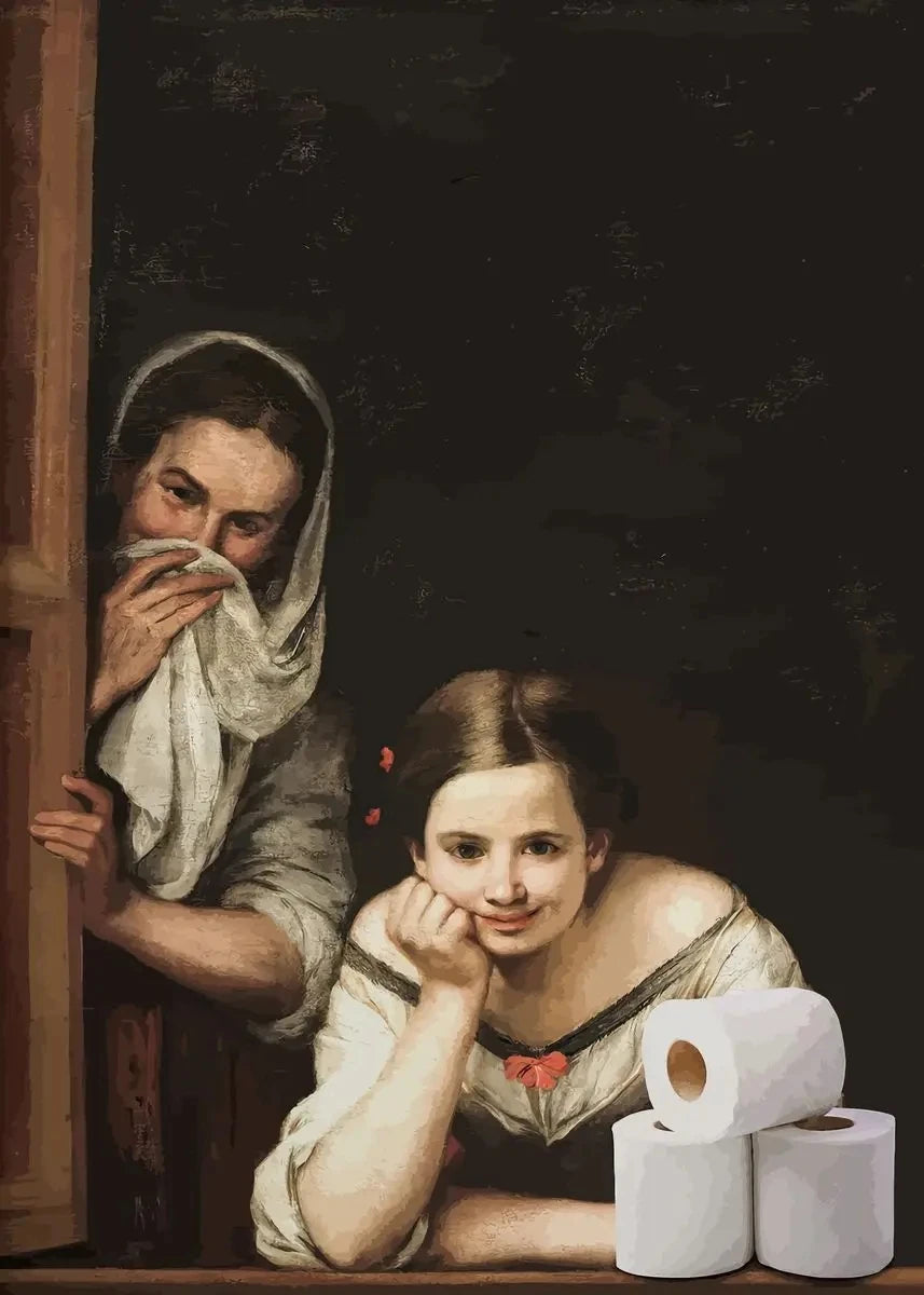 Funny Bathroom Canvas Print – Mona Lisa & Girl with a Roll