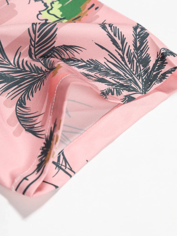 Pink Hawaiian Palm Tree Print Tropical Beach Shirt