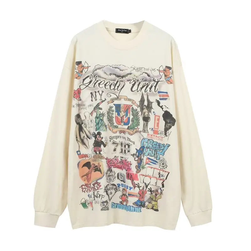 High Street Hip Hop O-Neck Graphic Print Cotton Sweaters