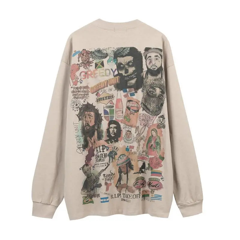 High Street Hip Hop O-Neck Graphic Print Cotton Sweaters