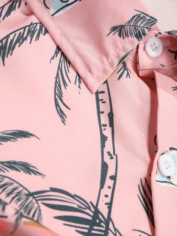 Pink Hawaiian Palm Tree Print Tropical Beach Shirt