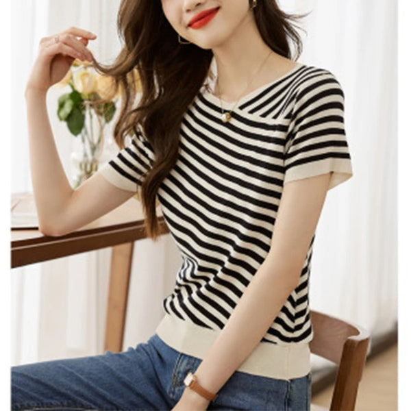 Striped Printed Knitted V-neck Casual T-shirt