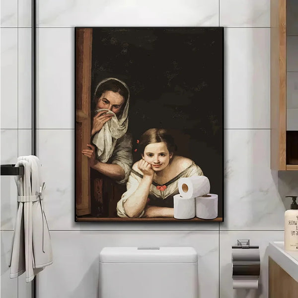 Funny Bathroom Canvas Print – Mona Lisa & Girl with a Roll