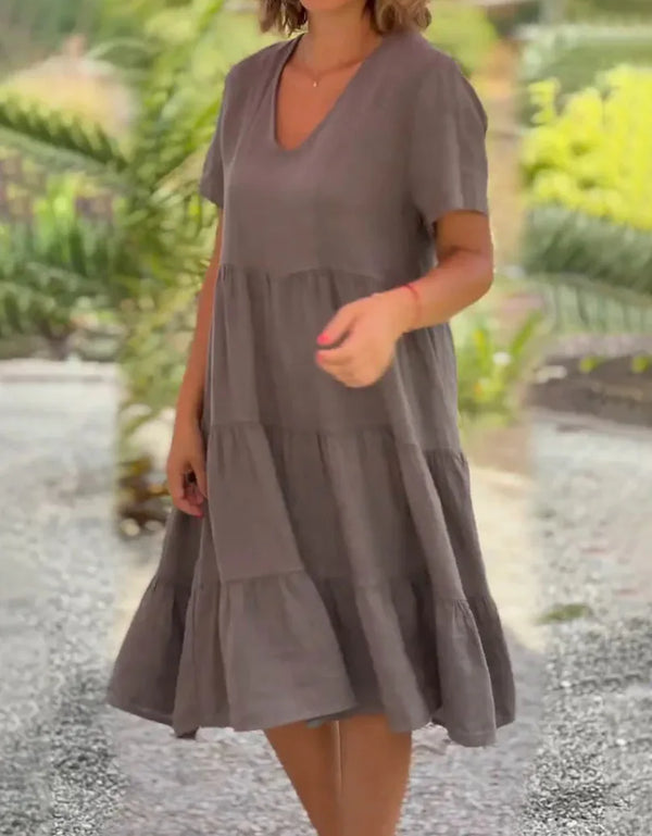 Short Sleeve Solid V-neck Large Swing Dress