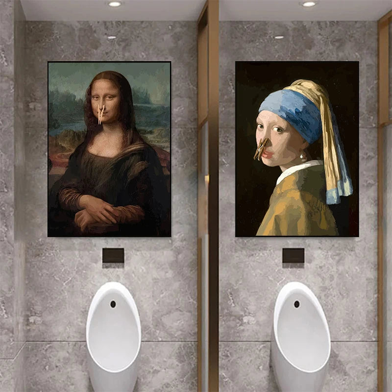 Funny Bathroom Canvas Print – Mona Lisa & Girl with a Roll