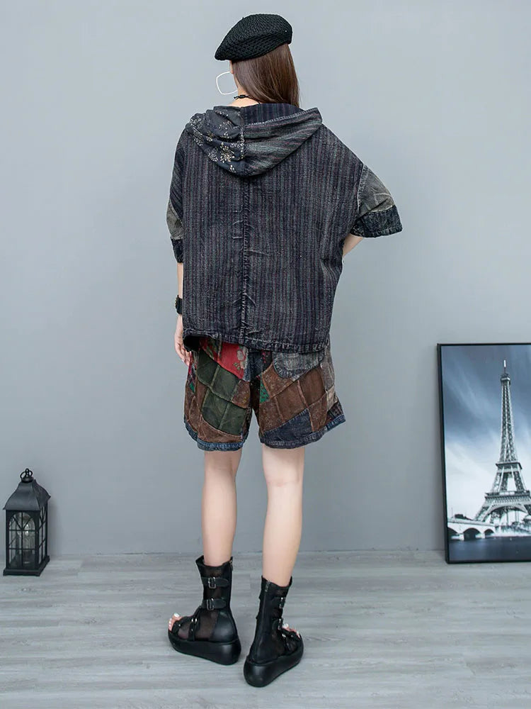 Heavy Industry Patchwork Old Fabric Hooded Stylish T-shirt