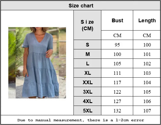 Short Sleeve Solid V-neck Large Swing Dress