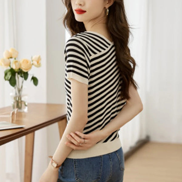 Striped Printed Knitted V-neck Casual T-shirt