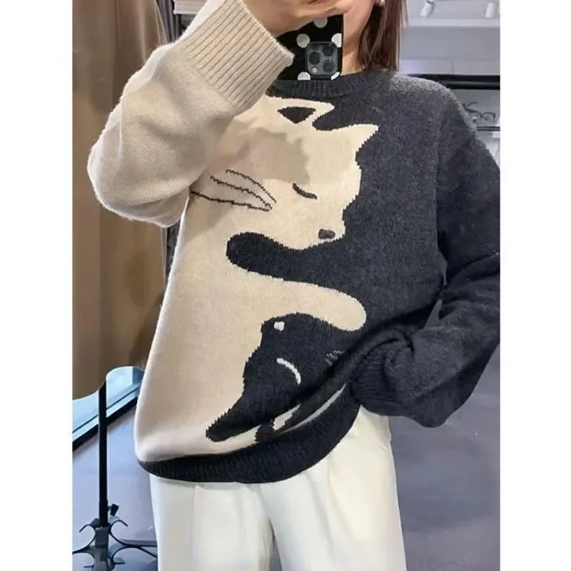 Thick Long Sleeve Printed Cat Sweater