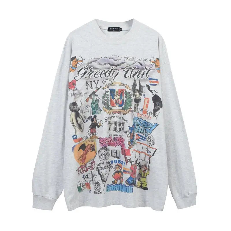 High Street Hip Hop O-Neck Graphic Print Cotton Sweaters