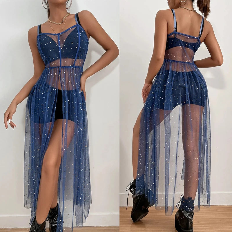 Shiny Sequined Cover Up Sheer Mesh Dress