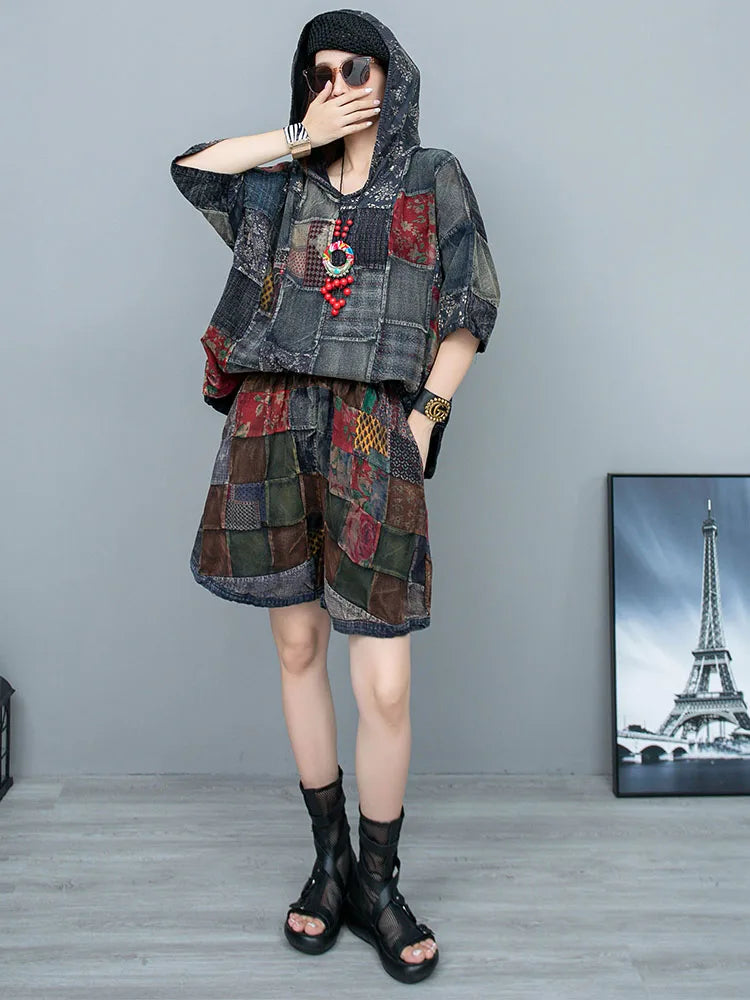 Heavy Industry Patchwork Old Fabric Hooded Stylish T-shirt