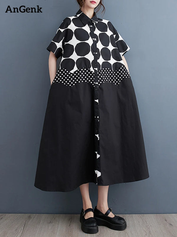 Short Sleeve Polka Dot Patchwork Vintage Shirt Dress