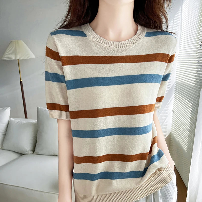 Cotton Short Sleeve Striped Knitted Loose T-shirt