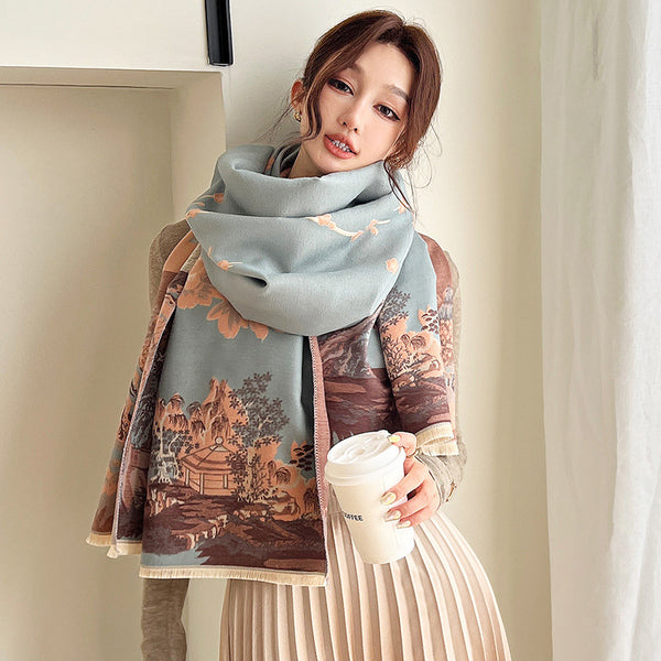 Vintage Plum Scarf Women's Artificial Cashmere Thickened Double-sided Student Shawl